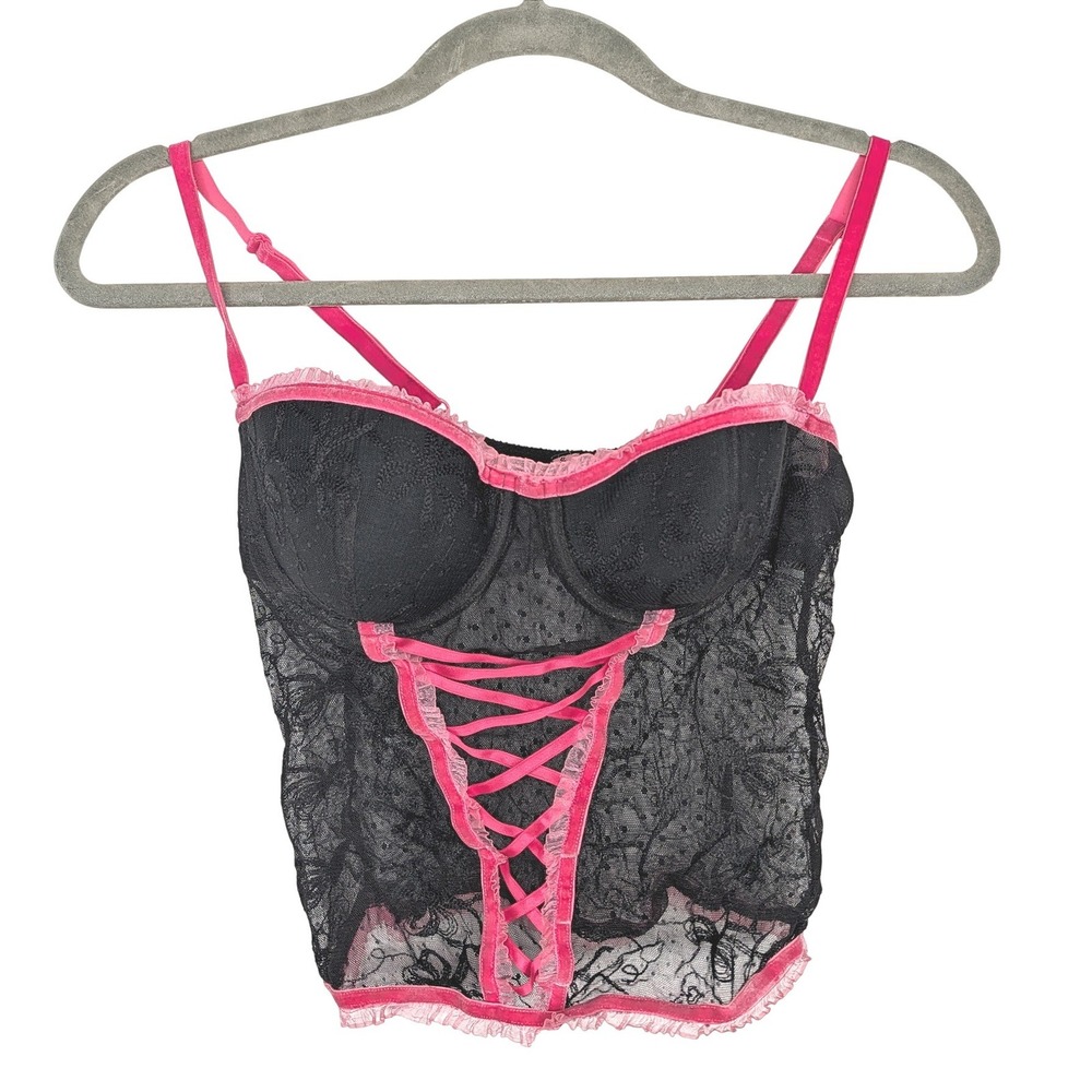 Victoria's Secret Corset Top Women 34B Black Pink Lace Sexy Little Things Top